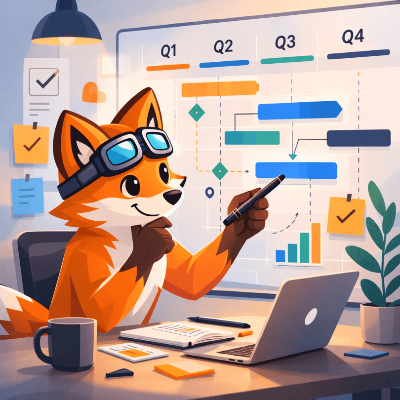 RoadMilo planning workspace illustration with Milo building a project roadmap for product planning, release coordination, and stakeholder communication