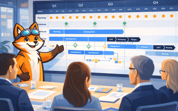 RoadMilo homepage hero image showing Milo presenting a visual project roadmap and planning dashboard for product and project teams