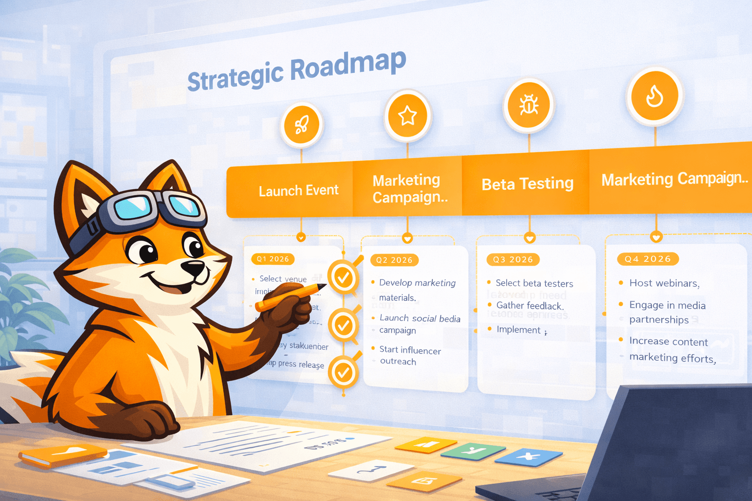 Strategic roadmap example in RoadMilo showing sequenced strategy sections, icons, dates, and detail cards for executive planning